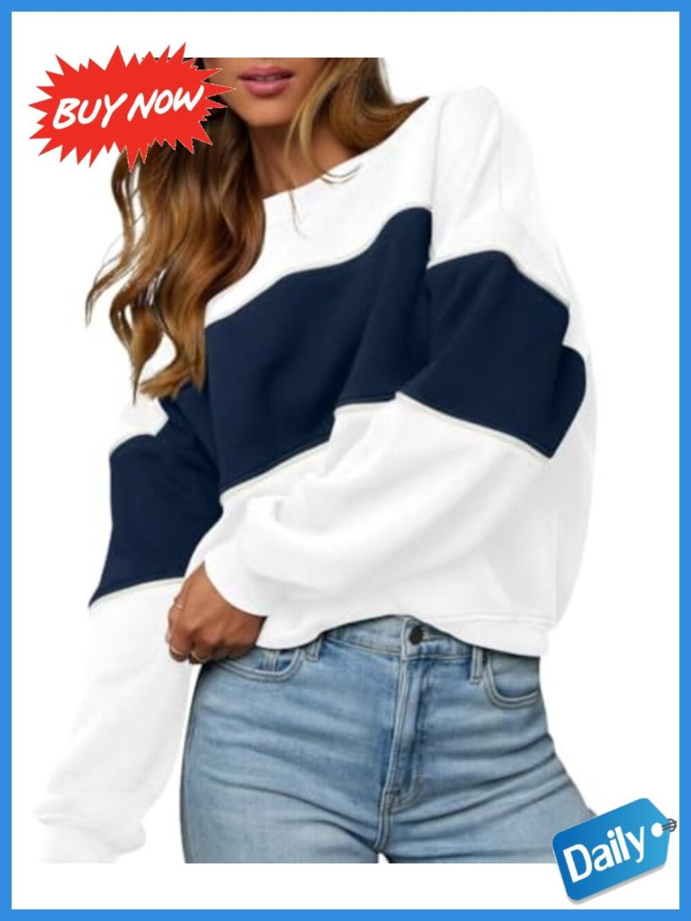 Women's Oversized Crewneck Color Block Long Sleeve Sweatshirt Pullover - Picture 1 of 6